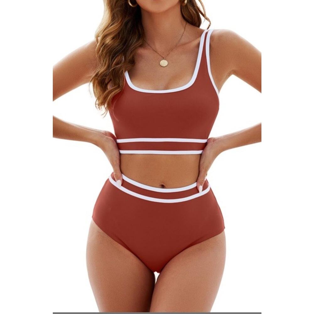 Adisputent Womens High Waisted Bikini Color Block Scoop Neck Red/white XL